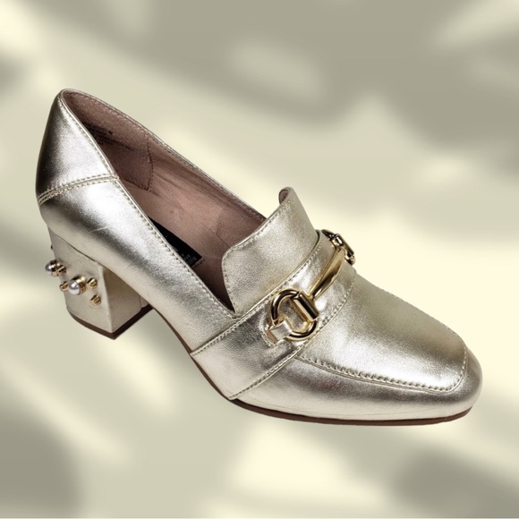 Steven by Steve Madden Layla Gold Leather Block Heels - Picture 2 of 8